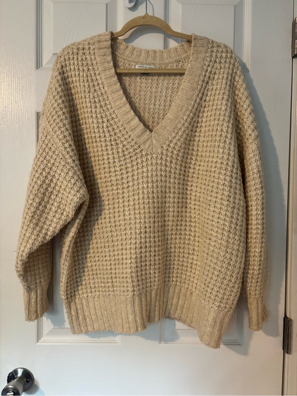 American Eagle Outfitters Cream Waffle Knit V-Neck Sweater